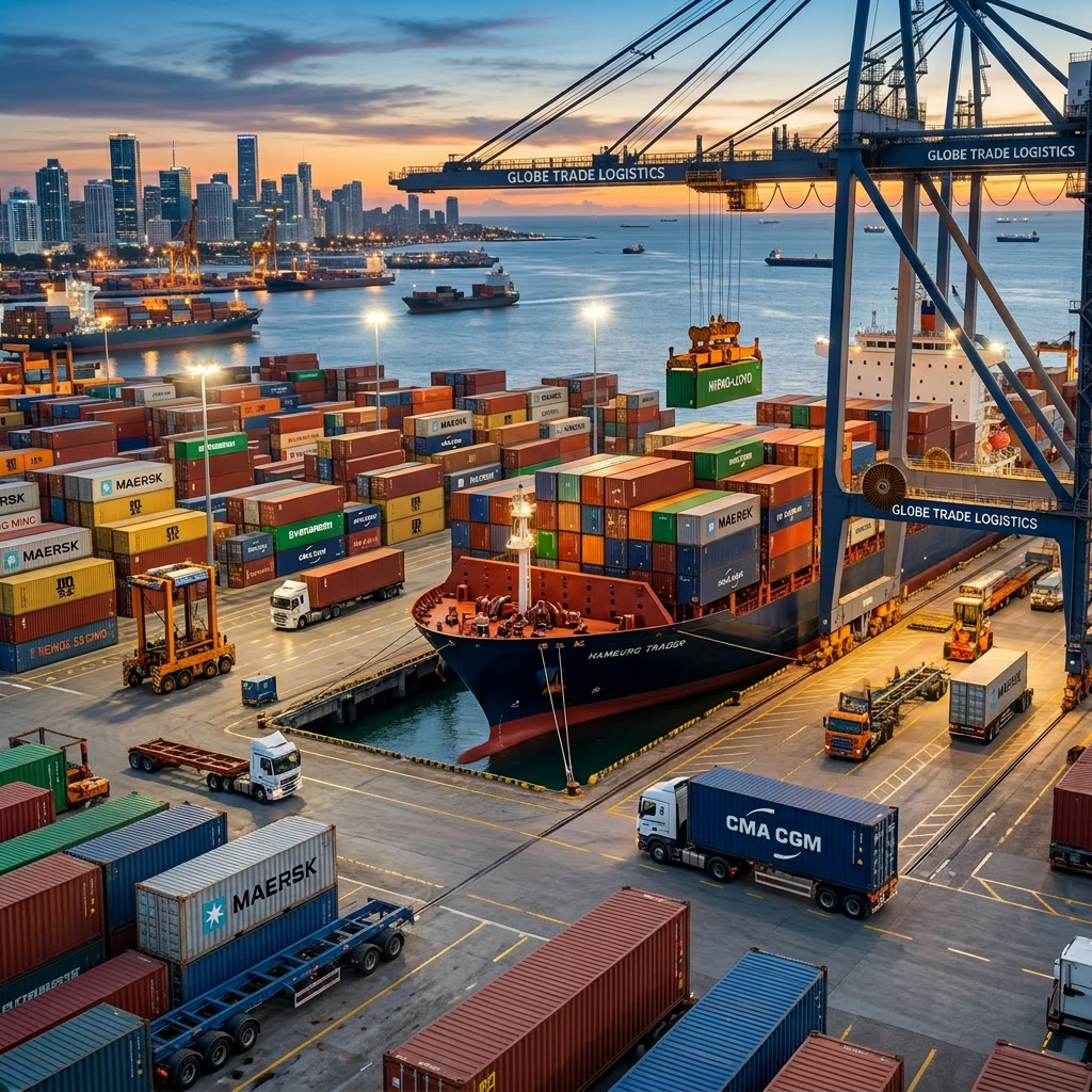 Shipping port with workers managing containers and cargo ships at sunset